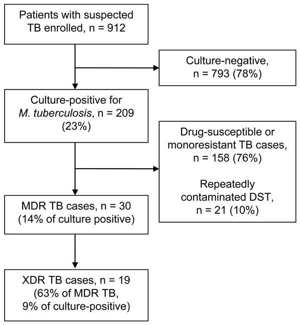 Determination of prevalence of tuberculosis (TB) and drug resistance among persons with suspected TB, Tugela Ferry, South Afica, 2008–2009. DST, drug susceptibility testing; MDR TB, multidrug-resistant TB; XDR TB, extensively drug-resistant TB.