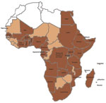 Thumbnail of Dengue and Aedes aegypti mosquitoes in Africa. Brown indicates 34 countries in which dengue has been reported, including dengue reported only in travelers, and Ae. aegypti mosquitoes. Light brown indicates 13 countries (Mauritania, The Gambia, Guinea-Bissau, Guinea, Sierra Leone, Liberia, Niger, Chad, Central African Republic, Republic of the Congo, Malawi, Zimbabwe, and Botswana) in which dengue has not been reported but that have Ae. aegypti mosquitoes. White indicates 5 countries