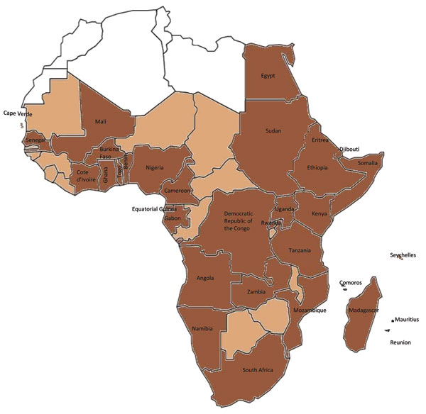 Dengue and Aedes aegypti mosquitoes in Africa. Brown indicates 34 countries in which dengue has been reported, including dengue reported only in travelers, and Ae. aegypti mosquitoes. Light brown indicates 13 countries (Mauritania, The Gambia, Guinea-Bissau, Guinea, Sierra Leone, Liberia, Niger, Chad, Central African Republic, Republic of the Congo, Malawi, Zimbabwe, and Botswana) in which dengue has not been reported but that have Ae. aegypti mosquitoes. White indicates 5 countries (Western Sah