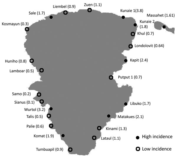 Map of Lihir Island, Papua New Guinea, showing incidence of infection in the 24 villages where cases of yaws were diagnosed, 2009. Lihir Medical Center is located in Londolovit village. Incidence proportions are shown within parentheses.