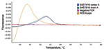 Thumbnail of Dissociation curve analysis of the diagnostic nested real-time reverse transcription PCR of West Nile virus isolated from a mare and fetus with fatal neurologic disease, South Africa, 2010. Positive control (Kunjin L1b); SAE74/10 (fetus); SAE75/10 (mare). Expected melting peak of lineage 2 = lineage 1b+6°C; lineage 1a = lineage 1b+10°C.