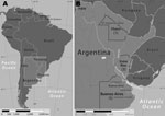 Thumbnail of Confirmed and suspected cases of Rickettsia parkeri rickettsiosis, Argentina. The box (A) enlarged in panel (B) shows the extent of the area in which Argentinean provinces, representing patient exposure locations to ticks, are labeled and highlighted. A previous study (10) identified ticks collected from the Paraná Delta near the city of Campana. Numbers of suspected and confirmed cases of R. parkeri rickettsiosis, by province during 2004–2009, are shown in parentheses. The national