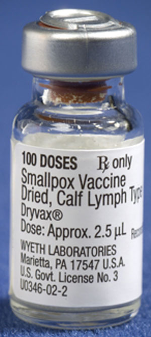 The no-longer-manufactured Wyeth vaccine that made possible the ultimate eradication of smallpox. Photograph courtesy of the Centers for Disease Control and Prevention Public Health Image Library; by James Gathany, 2002.