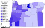 Thumbnail of Rates of pulmonary nontuberculous mycobacterial disease, by county, Oregon, USA, 2005 and 2006.