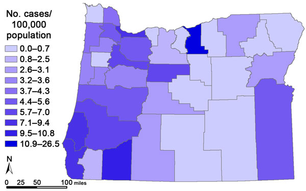 Rates of pulmonary nontuberculous mycobacterial disease, by county, Oregon, USA, 2005 and 2006.