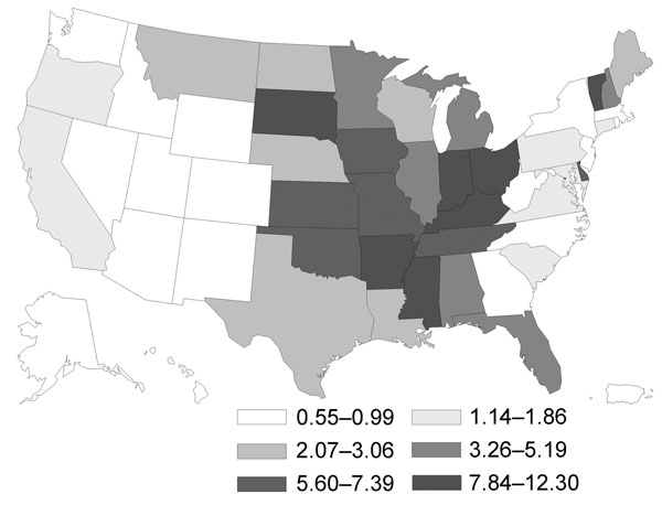Geographic distribution of histoplasmosis in persons &gt;65 years of age, United States, 1999–2008. Values are no. cases/100,000 person-years.