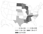 Thumbnail of Geographic distribution of blastomycosis in persons &gt;65 years of age, United States, 1999–2008. Values are no. cases/100,000 person-years.