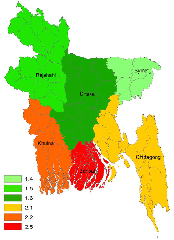 Crude incidence rate (per 100,000 population/year) of Guillain-Barré syndrome in children &lt;15 years of age, Bangladesh, 2006 and 2007.