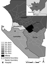 Thumbnail of Pointe-Noire, Republic of the Congo, representing the 4 districts, Lumuba, MvouMvou, Tie-Tie, and Loandjili. The gray scale represents the cumulative acute flaccid paralysis (AFP) rate per 100,000 inhabitants September 2010–February 2011. Black area represents the 4 sectors of Mbota where the cross-sectional survey took place. The last census provided by local health authorities occurred in 2007, with a growth rate applied to estimate the 2010 official population size in Pointe-Noir