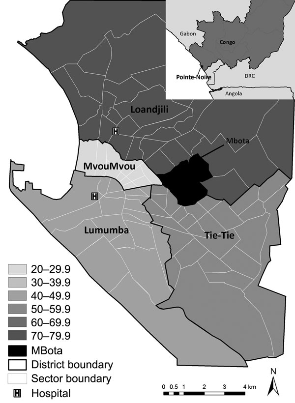 Pointe-Noire, Republic of the Congo, representing the 4 districts, Lumuba, MvouMvou, Tie-Tie, and Loandjili. The gray scale represents the cumulative acute flaccid paralysis (AFP) rate per 100,000 inhabitants September 2010–February 2011. Black area represents the 4 sectors of Mbota where the cross-sectional survey took place. The last census provided by local health authorities occurred in 2007, with a growth rate applied to estimate the 2010 official population size in Pointe-Noire, aggregated