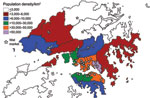 Thumbnail of Location of live poultry wet markets (open food stall markets) in relation to population density, Hong Kong, China, June–November 2009.
