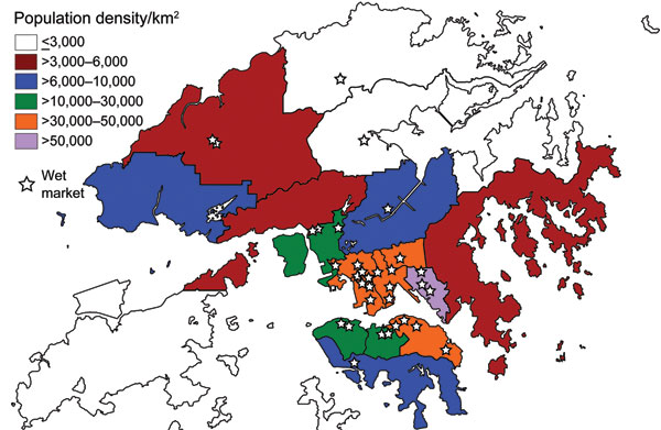 Location of live poultry wet markets (open food stall markets) in relation to population density, Hong Kong, China, June–November 2009.