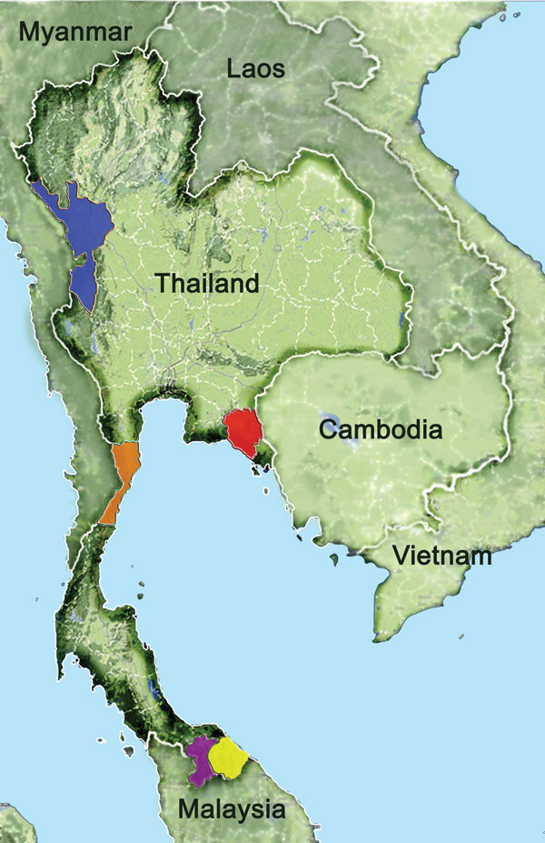 Provinces of Thailand where blood samples were obtained and tested for malaria, 1996–2009. Tak: blue, n = 210 in 1996, n = 681 in 2006–2007, and n = 1,216 in 2008–2009; Prachuab Khirikhan: orange, n = 215 in 2006–2007; Yala: purple, n = 286 in 2006–2007 and n = 1,408 in 2008–2009; Narathiwat: yellow, n = 370 in 2006–2007 and n = 421 in 2008–2009; and Chantaburi: red, n = 261 in 2006–2007 and n = 401 in 2008–2009.