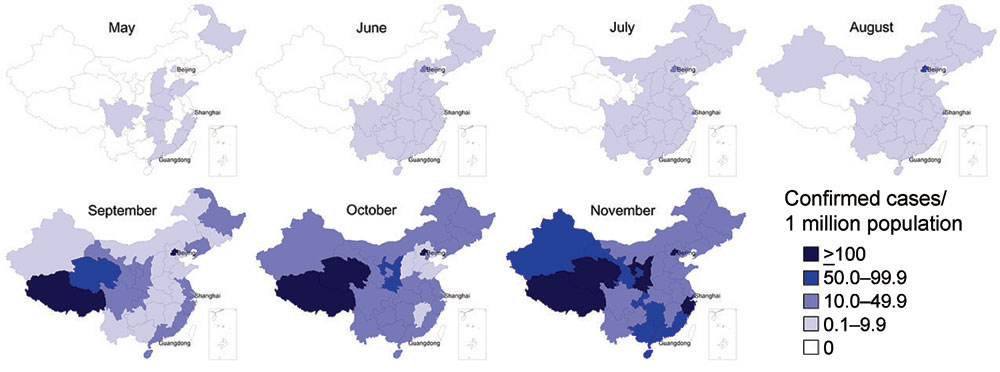 Incidence of confirmed cases of influenza A(H1N1)pdm09 virus infection per 1,000,000 inhabitants, by month and province, People’s Republic of China, May–November 2009.
