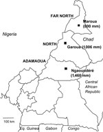 Thumbnail of Northern regions of Cameroon with mean annual rainfall. Maroua is at the 800 mm isohyet line, Garoua at 1,006 mm, and Ngaoundéré at 1,460 mm. Estimate for Maroua is by the Agency for Aerial Navigation Safety in Africa and Madagascar; recorded rainfall for Garoua and Ngaoundéré are by the Agency for Aerial Navigation Safety in Africa and Madagascar. Eq. Guinea, Equatorial Guinea.
