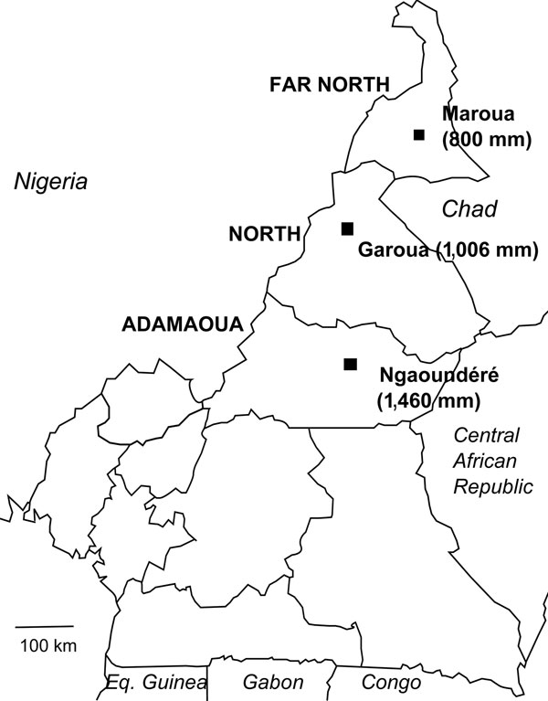 Northern regions of Cameroon with mean annual rainfall. Maroua is at the 800 mm isohyet line, Garoua at 1,006 mm, and Ngaoundéré at 1,460 mm. Estimate for Maroua is by the Agency for Aerial Navigation Safety in Africa and Madagascar; recorded rainfall for Garoua and Ngaoundéré are by the Agency for Aerial Navigation Safety in Africa and Madagascar. Eq. Guinea, Equatorial Guinea.