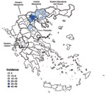 Thumbnail of Incidence per 100,000 population of 197 reported cases of West Nile neuroinvasive disease, by township of residence, Greece, July–October 2010. Districts with &gt;1 reported neuroinvasive cases were divided into townships. Dark black lines indicate borders of Central Macedonia (north) and Thessalia (south).
