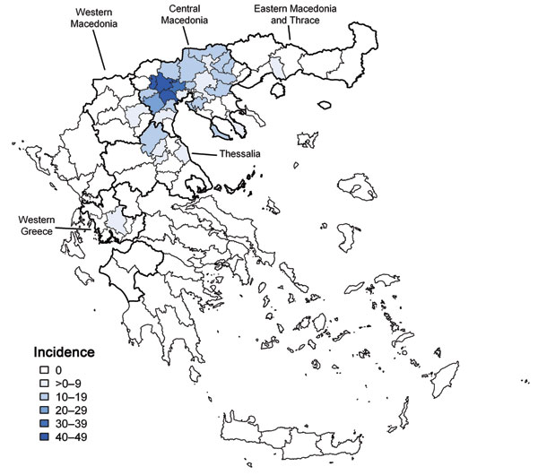 Incidence per 100,000 population of 197 reported cases of West Nile neuroinvasive disease, by township of residence, Greece, July–October 2010. Districts with &gt;1 reported neuroinvasive cases were divided into townships. Dark black lines indicate borders of Central Macedonia (north) and Thessalia (south).