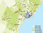 Thumbnail of Percentage of residents in a neighborhood reporting immigration from malaria-endemic areas, greater Toronto area, Ontario, Canada, 2008–2009. Red dots, malaria case-patients (positive test results); blue circles, controls (negative test results).