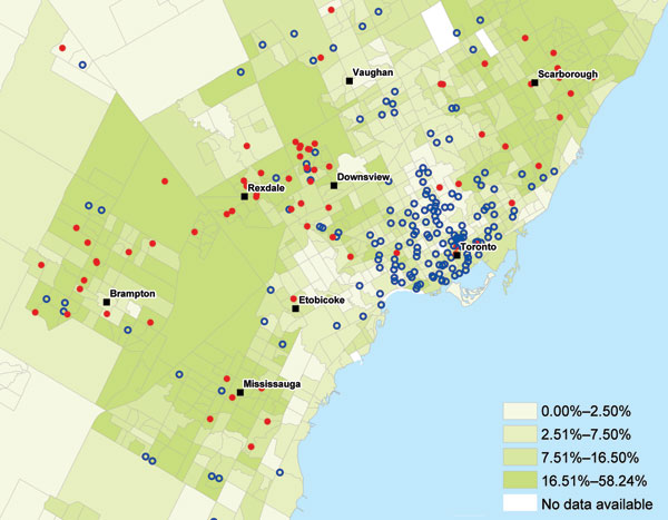 Percentage of residents in a neighborhood reporting immigration from malaria-endemic areas, greater Toronto area, Ontario, Canada, 2008–2009. Red dots, malaria case-patients (positive test results); blue circles, controls (negative test results).