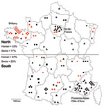Thumbnail of Geographic distribution of hepatitis E virus (HEV) subtypes recovered from humans (n = 100) and swine (n = 43), France, May 2008–November 2009. Black, human HEVs; red, swine HEVs; triangles, subtype 3c; squares, subtype 3e; dots, subtype 3f; diamonds, strains of undefined subtype. Regions with a high density of HEV are named.