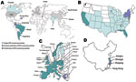 Thumbnail of A) Worldwide geographic distribution of Klebsiella pneumoniae carbapenemase (KPC) producers. Gray shading indicates regions shown separately: B) distribution in the United States; C) distribution in Europe; D) distribution in China.