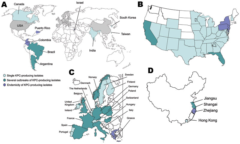 A) Worldwide geographic distribution of Klebsiella pneumoniae carbapenemase (KPC) producers. Gray shading indicates regions shown separately: B) distribution in the United States; C) distribution in Europe; D) distribution in China.