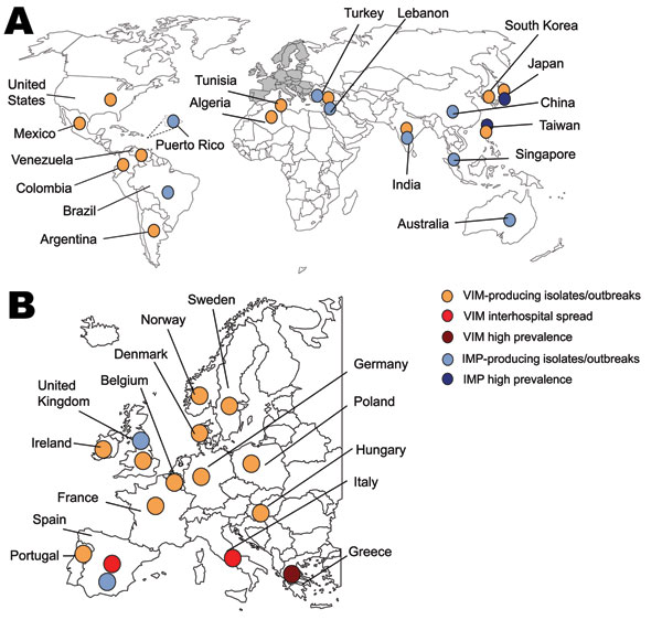 Worldwide (A) and European (B) geographic distribution of Verona integron–encoded metallo-β-lactamase (VIM) and IMP enterobacterial producers.