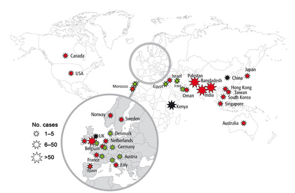 Geographic distribution of New Delhi metallo-β-lactamase-1 producers, July 15, 2011. Star size indicates number of cases reported. Red stars indicate infections traced back to India, Pakistan, or Bangladesh, green stars indicate infections traced back to the Balkan states or the Middle East, and black stars indicate contaminations of unknown origin. (Most of the information corresponds to published data; other data are from P. Nordmann.)