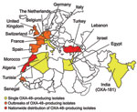 Thumbnail of Geographic distribution of oxacillinase-48 (OXA-48) type producers.