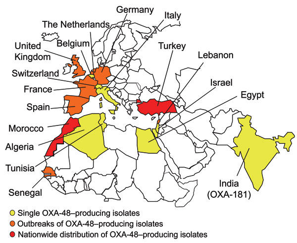 Geographic distribution of oxacillinase-48 (OXA-48) type producers.