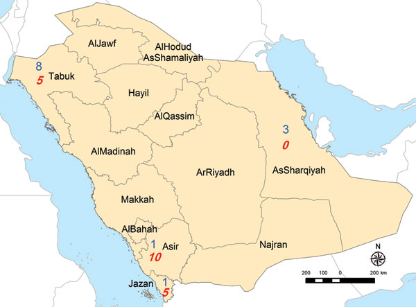 Numbers of soldiers with seropositive test results distributed according to Saudi Arabian province before transfer to Jazan, 2009. Blue (n = 13), seropositive for Alkhurma hemorrhagic fever virus; red (n = 20), seropositive for Rift Valley fever virus. Map courtesy of Al Zahrani.