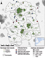 Thumbnail of Location of the 10 municipalities studied in southern area of the Netherlands, 2007–2009, with residence and serologic results for 2,004 pregnant women, sites of small ruminant farms with infected animals, and address density. Three of the 20 farms included in the analysis are not visible.