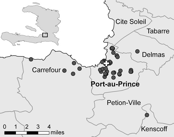 Locations of the Haitian Group for the Study of Kaposi’s Sarcoma and Opportunistic Infections Cholera Treatment Center and case-patient households in Port-au-Prince, Haiti, 2010. Cross indicates cholera treatment center location; circles indicate households.