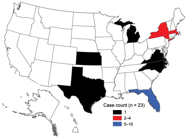 Geographic distribution of cholera cases in the United States associated with Hispaniola, October 21, 2010–April 4, 2011.