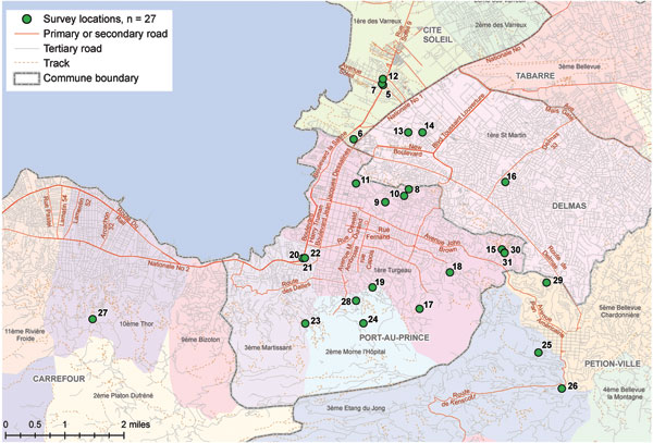 Selected clusters for the knowledge, attitudes, and practices related to treatment and prevention of cholera survey administered during December 6−7 and 14−16, 2010, Port-au-Prince, Haiti.