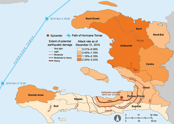 Administrative departments of Haiti affected by the earthquake of January 12, 2010; the path of Hurricane Tomas, November 5–6, 2010; and cumulative cholera incidence by department as of December 28, 2010.