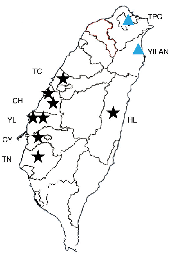 Location of pig farms from which mosquitoes were collected for phylogenetic analysis of Japanese encephalitis virus (JEV) isolates, Taiwan, 2009–2010. Black stars indicate location of pig farms. Blue triangles indicate locations at which genotype I JEV was first detected by the Taiwan Centers for Disease Control (9). CH, Changhua County; CY, Chiayi County; HL, Hualien County; TC, Taichung County; TN, Tainan County; TPC, Taipei City; YL, Yulin County.