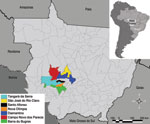 Thumbnail of State of Mato Grosso, Brazil, indicating municipalities where hanta pulmonary syndrome cases occurred.