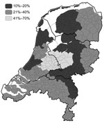 Thumbnail of Regional reduction (in percentage) of campylobacteriosis (March–December 2003) following the Public Health Laboratory regions borders, with the outlines of the 4 clusters of provinces.