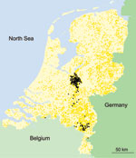 Thumbnail of Locations of all 5,360 commercial poultry farms in the Netherlands (2). Black dots indicate farms that were infected during the 2003 epidemic of avian influenza; yellow dots indicate farms that were not infected.