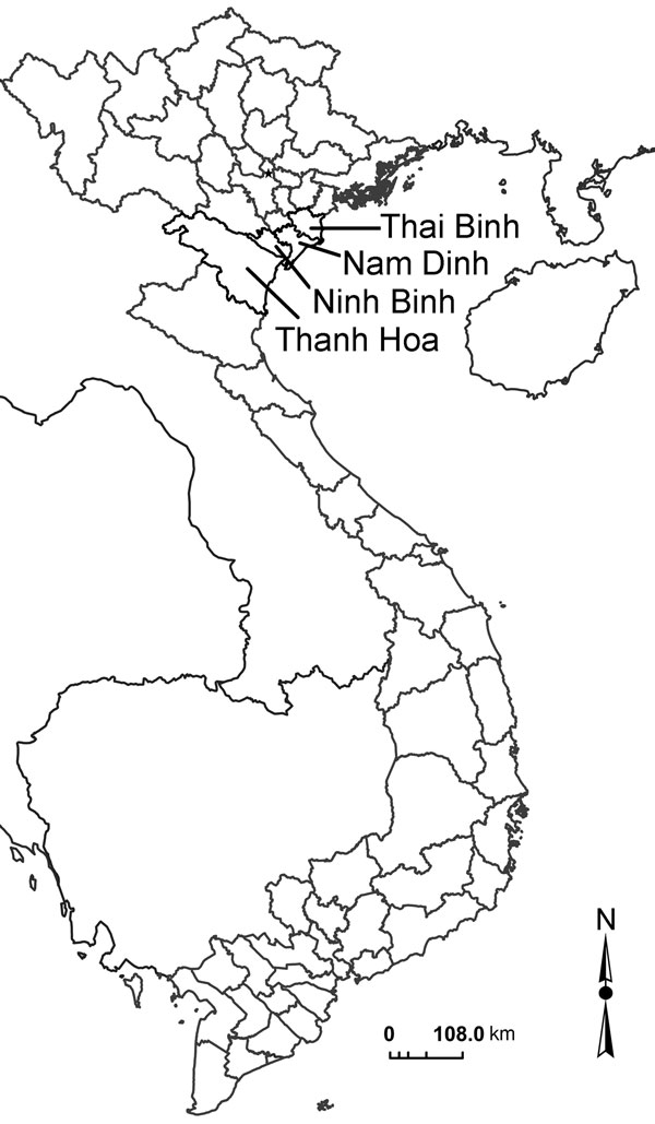 The 4 River Delta provinces of Vietnam (light gray borders).