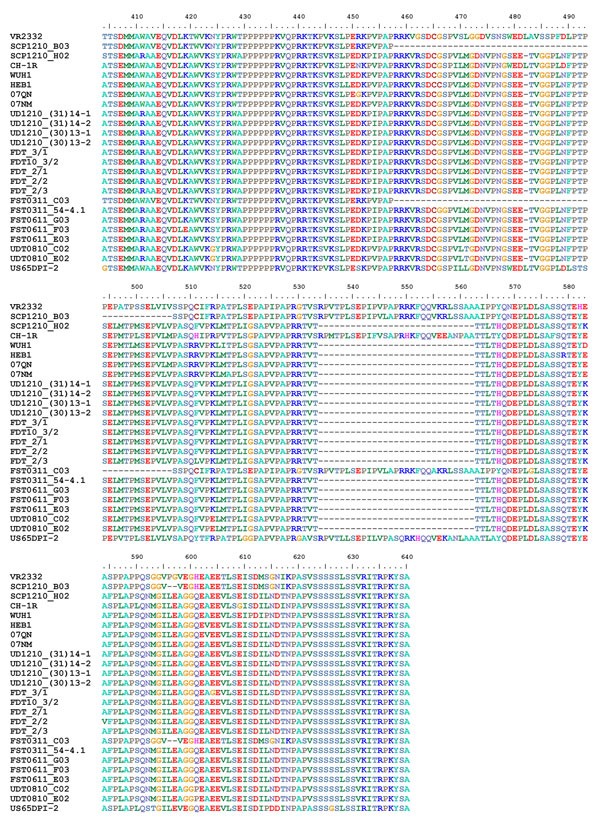 Alignment of amino acid sequences of partial nonstructural protein 2 corresponding to aa 404–640 of ORF1a for porcine reproductive and respiratory syndrome virus (PRRSV) isolates. Sequences are for PRRSV from infected herds in Thailand; highly pathogenic PRRSV isolates from the People’s Republic of China and Vietnam; and strain VR2332, the North American PRRSV prototype. Dashes represent deletions of amino acid residues. 