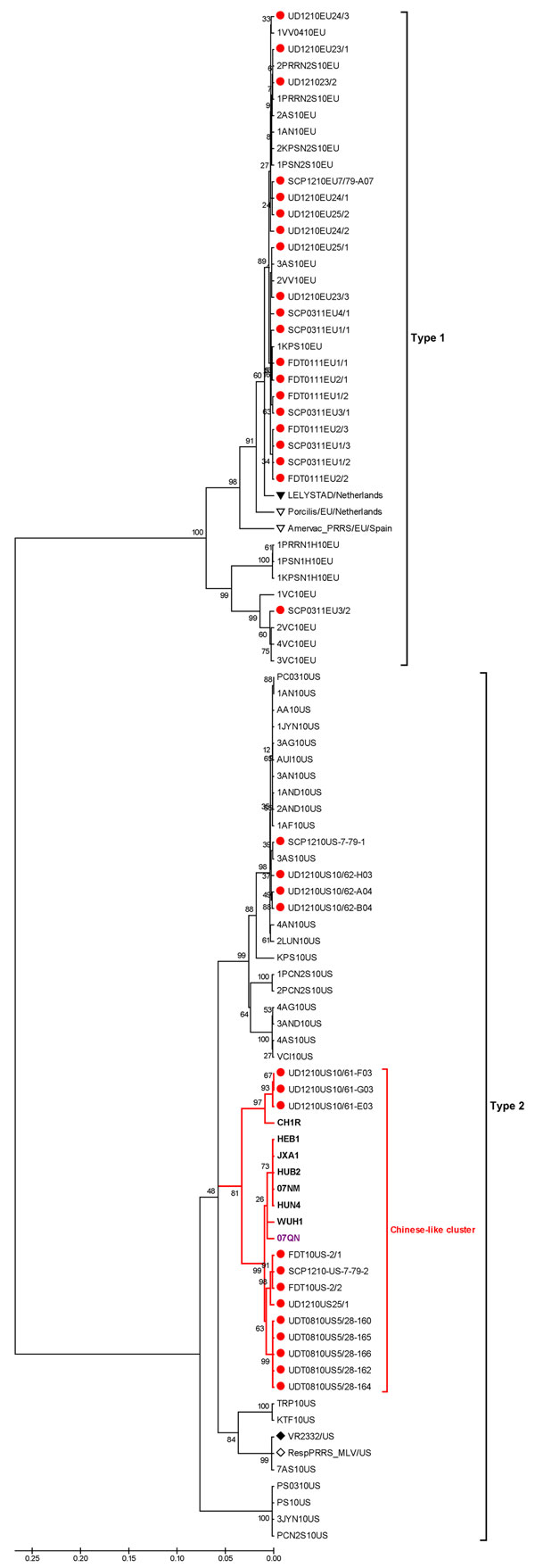 Phylogenetic analysis of types 1 and 2 porcine reproductive and respiratory syndrome virus (PRRSV) isolates constructed by the neighbor-joining method and based on the nucleotide sequences of complete ORF5 genes. The analysis included the following: previous and recent isolates (solid red circles) from herds in Thailand that had an outbreak of HP-PRRSV; European references, including Lelystad virus (solid triangle) and 2 type 1 modified live vaccines (Porcilis PRRS, MSD Animal Health, Boxmeer, t