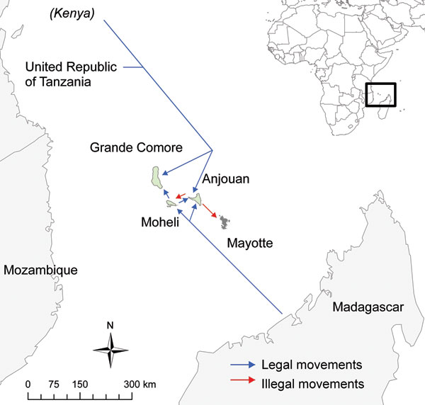 Potential legal and illegal movements of animals around the Comoros and Mayotte.