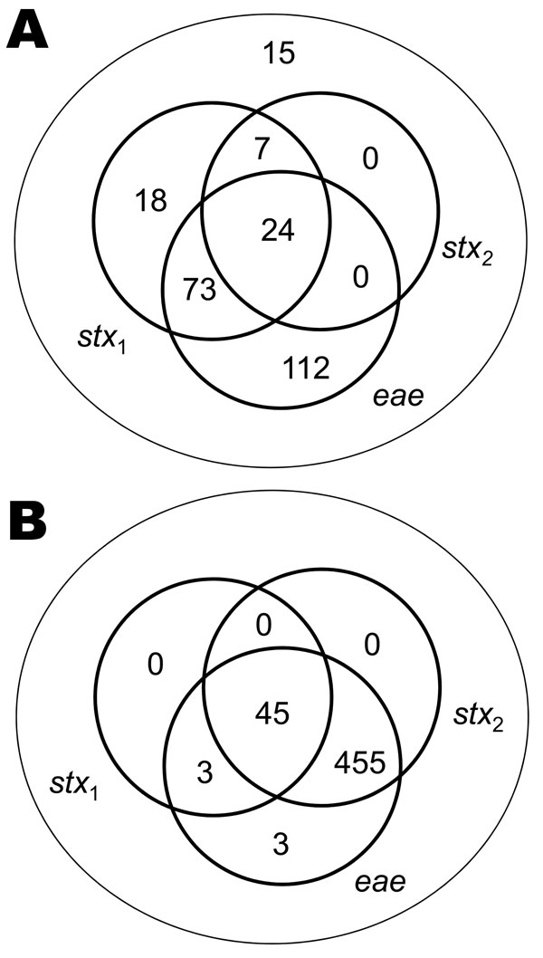 Isolates of Escherichia coli O26 (A; n = 249) and O157 (B; n = 507), collected from a 2002–2004 field survey, that illustrate the differences between the 2 serogroups from Scotland with reference to the presence or absence of Shiga toxin gene (stx1 and stx2) and the eae gene.