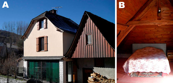 Bat-infested home in Astien, southwestern France, in the Ariège region of the Pyrenees Mountains. Argas vespertilionis ticks were collected from the floor of the attic, which had been converted into bedrooms (right). 