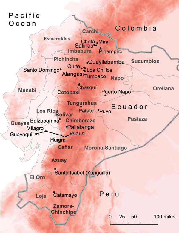 Ecuador showing elevation (red shading), provinces (thin gray lines and boldface), country border (thick gray line), and 15 cities/valleys (black dots). Approximate location of the historic railway between Guayaquil and Alausí is indicated by black railroad tracks, and increasing altitude is indicated by darker shades of red. Map was constructed by using ArcGIS version 10 (ESRI, Redlands, CA, USA).