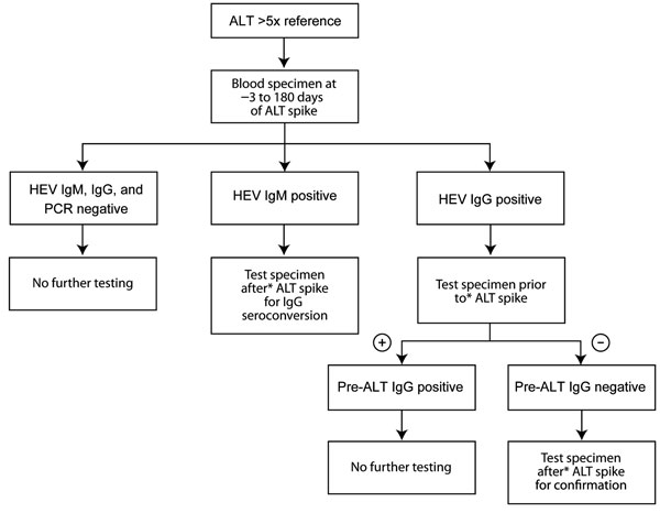 Testing strategy for acute hepatitis E virus (HEV) infection among US military beneficiaries who had had increased alanine aminotransferase (ALT) levels during 1985–2009.