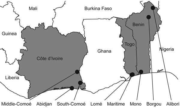 Collection sites of bird and pig samples, West Africa, 2006–2008. Côte d’Ivoire, Benin, and Togo are in gray. Sampling provinces are indicated by black circles.